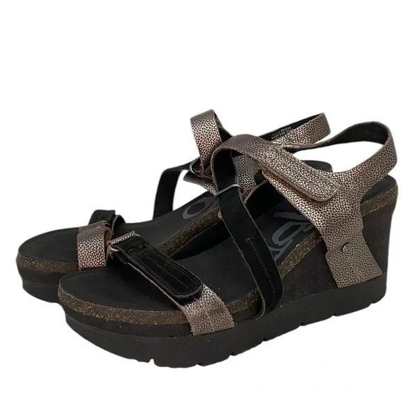 OTBT Sandals Platform Wedges Black Metallic Pewter Silver Size 9.5 Wavey - Picture 4 of 11